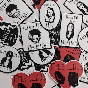 Stickers, Frankenstein, the bride of Frankenstein, spooky stickers, classic horror, horror, goth, gothic, Lily Munster, Elvira, Morticia