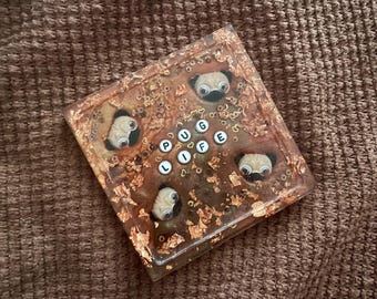 Pug Life Resin Coaster | Trinket Dish Jewelry Holder Tray Catchall Decorative Bowl Brown Dog Lover Puppy Pet Animal Kawaii Copper Sparkly