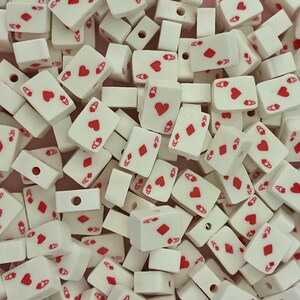 Pack of 300 Red Poker Card Beads | Fimo Slice Polymer Clay Playing Cards Ace of Hearts Suits Clubs Vegas Casino Deck Red White Black