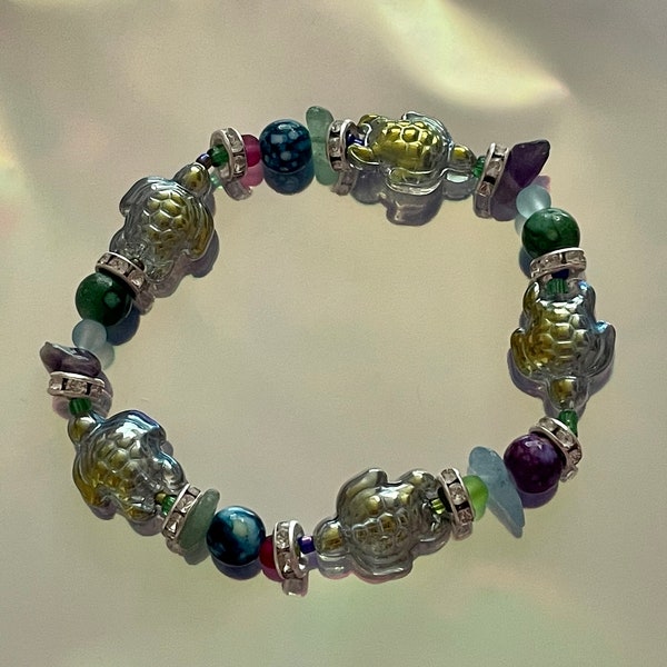 Turtle Bracelet | Beaded Jewelry Friendship Bracelet Iridescent Oceanic Tropical Marine Life Vibrant Crystal Gemstone Fantasy Translucent