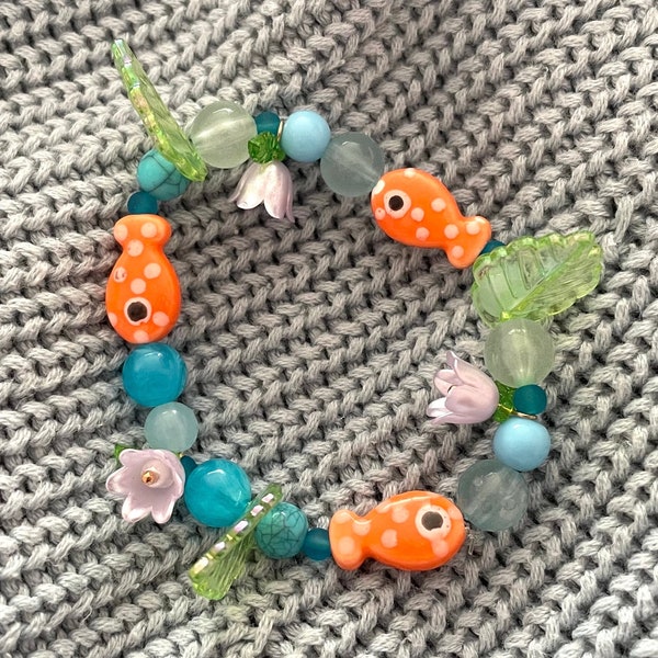 Koi Pond Bracelet | Beaded Jewelry Friendship Fish Lake Kawaii Fairy Garden Flowers Nature Water Zen Lilac Lily of the Valley Dainty Y2k