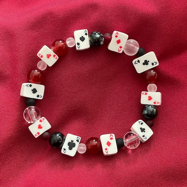 Ace of Hearts Bracelet | Beaded Jewelry Friendship Bracelet Red White Black Playing Cards Poker Deck of Cards Game Vegas Boho Charm Classy