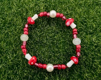 Mushroom Beaded Bracelet | Beaded Jewelry Red White Black Bracelet Nature Forest Toadstool Boho Woodland Handmade Fantasy Garden Fungi