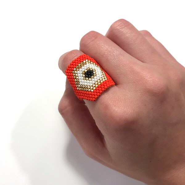 Miyuki Woven Beaded Ring. Red Gold White Black