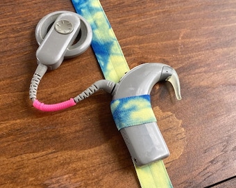 Wave Runner Handmade Hearing Accessory - Hand Dyed Blue and Yellow Swirls Cochlear Implant Headband