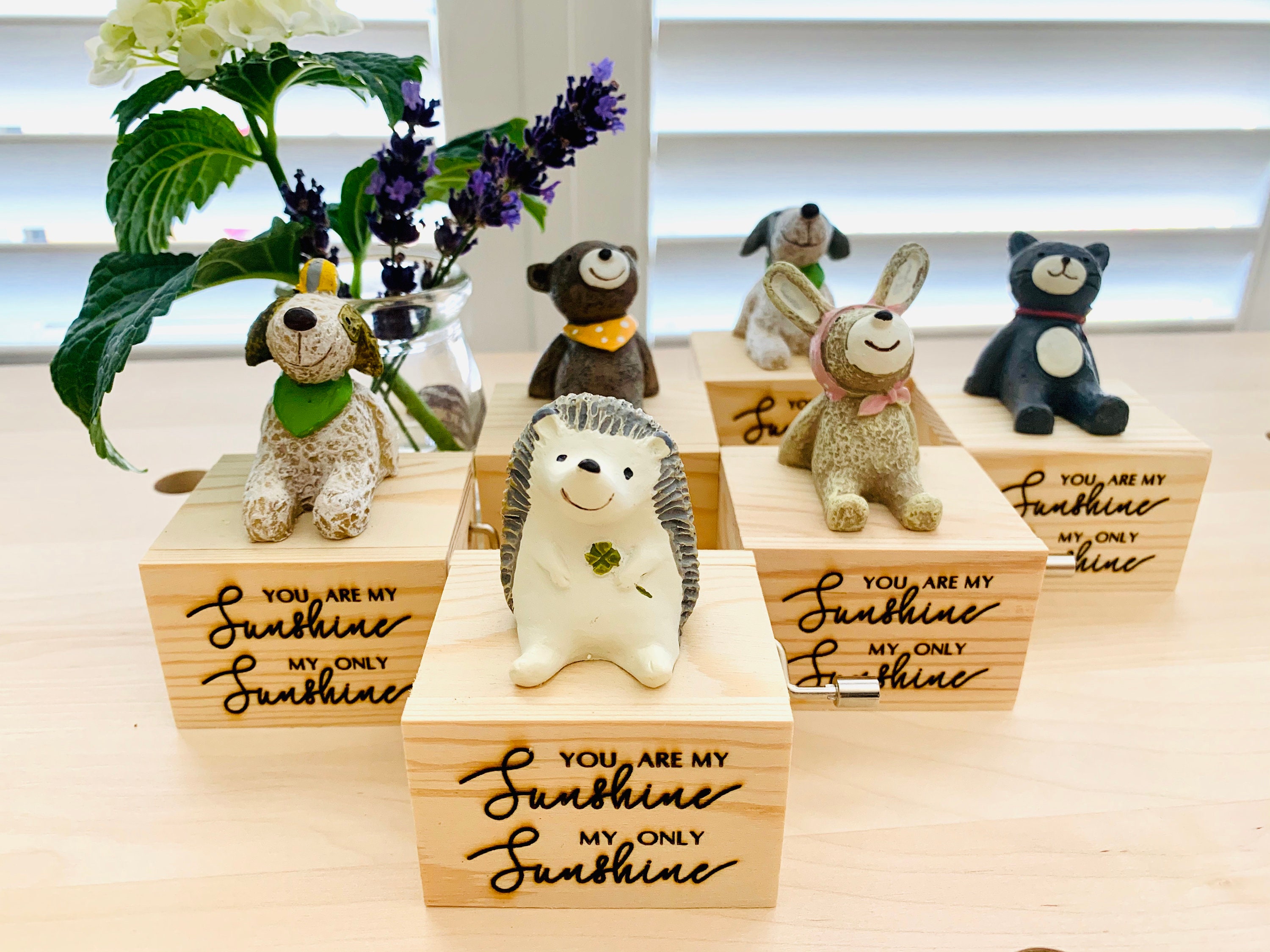 You Are My Sunshine Engraved Wooden Hand Crank Music Box - Bear, Cat,…