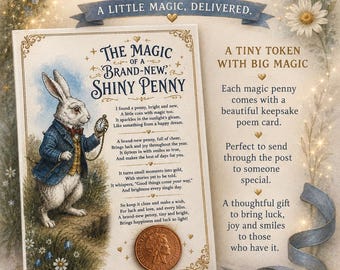 Magic Shiny Penny Keepsake Card, Good Luck Token, Vintage Inspired Poem, Alice in Wonderland