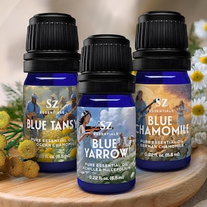 Op de afbeelding: Drie kleine blauwe glazen flesjes met zwarte dopjes die etherische oliën bevatten. De flesjes zijn gelabeld met "Blue Tansy", "Blue Yarrow" en "Blue Chamomile". Elk flesje bevat 6,5 ml olie. De flesjes staan op een houten oppervlak met gele bloemen.