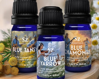 Blue Essential Oils Set: Tansy, Yarrow, Chamomile - Aromatherapy Gift - (3 x 6.5mL)