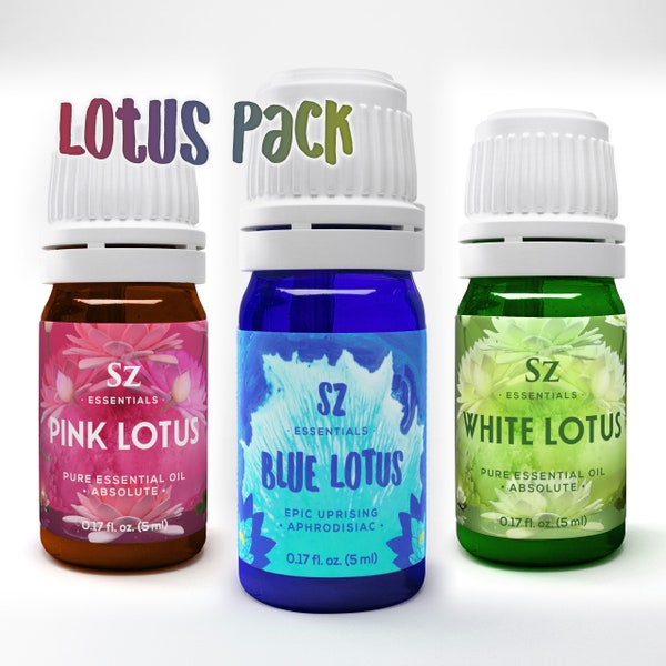 Lotus Pack Essential oil Set of 3 Bottles - Blue Lotus - Pink Lotus - White Lotus - Bundle and save - 100% Pure and Natural - Undiluted