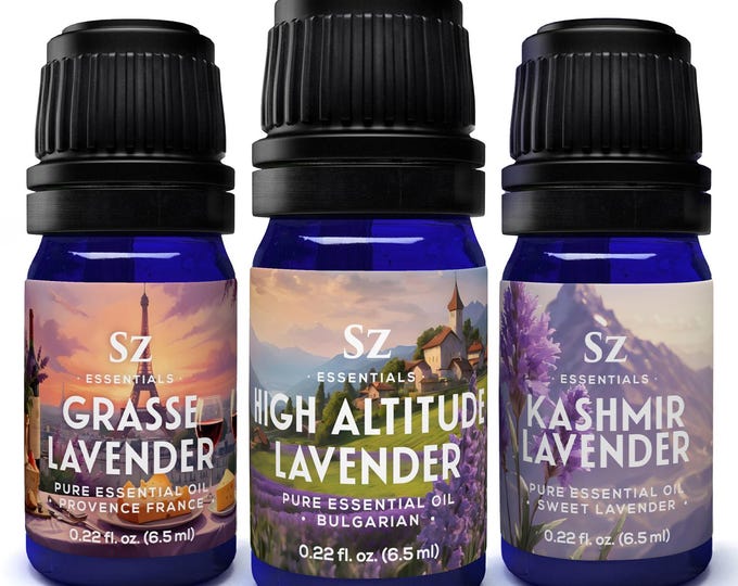 Lavender Essential Oils Collection - Set of 3 Bottles (0.22 Fl Oz - 6.5ml each) - High Altitude Lavender + Grasse (France) + Kashmir - Vegan