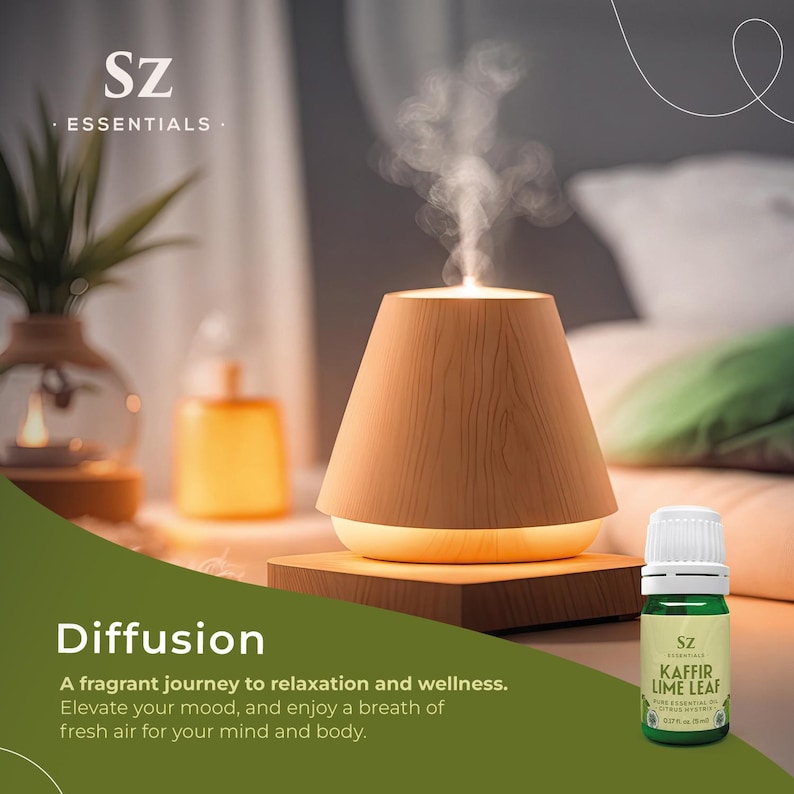 May include: A wooden essential oil diffuser with a warm light, emitting steam, and a bottle of Kaffir Lime Leaf essential oil. The text "Sz Essentials" and "Diffusion" is visible. The text "A fragrant journey to relaxation and wellness. Elevate your mood, and enjoy a breath of fresh air for your mind and body." is also visible.