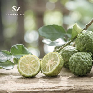May include: Close-up of halved green bergamot fruits with a green leaf branch. The fruits have a bumpy texture and a light green interior.  SZ Essentials.