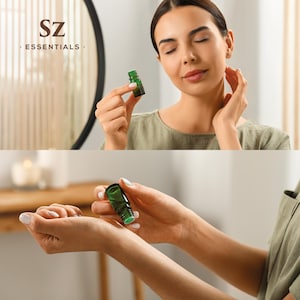 May include: A woman is holding a small green glass bottle with a dropper. The bottle is labeled "SZ Essentials".