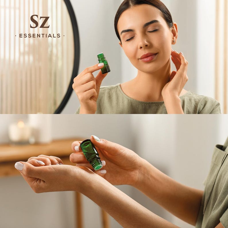 May include: A woman is holding a small green glass bottle with a dropper. The bottle is labeled "SZ Essentials".