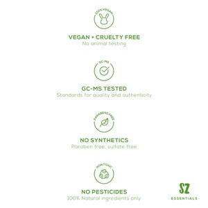 Puede incluir: Gr&aacute;fico verde y blanco con cuatro iconos y texto que describe los ingredientes y el proceso de fabricaci&oacute;n del producto. Los iconos representan un conejo, una marca de verificaci&oacute;n, una hoja y un s&iacute;mbolo de reciclaje. El texto dice "100% Vegan", "Vegan + Cruelty Free", "GC-MS Tested", "No Synthetics", "No Pesticides", y "SZ Essentials".