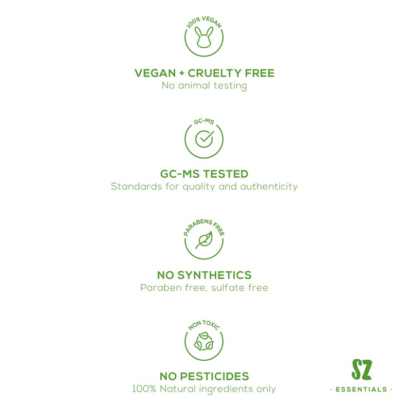 Puede incluir: Gr&aacute;fico verde y blanco con cuatro iconos y texto que describe los ingredientes y el proceso de fabricaci&oacute;n del producto. Los iconos representan un conejo, una marca de verificaci&oacute;n, una hoja y un s&iacute;mbolo de reciclaje. El texto dice "100% Vegan", "Vegan + Cruelty Free", "GC-MS Tested", "No Synthetics", "No Pesticides", y "SZ Essentials".