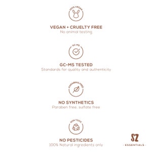 May include: A graphic with four icons representing the benefits of a product. The icons are: 100% Vegan, GC-MS Tested, No Synthetics, and No Pesticides. The text below the icons reads: "VEGAN + CRUELTY FREE No animal testing", "Standards for quality and authenticity", "Paraben free, sulfate free", and "100% Natural ingredients only". The text "SZ &bull; ESSENTIALS." is in the bottom right corner.