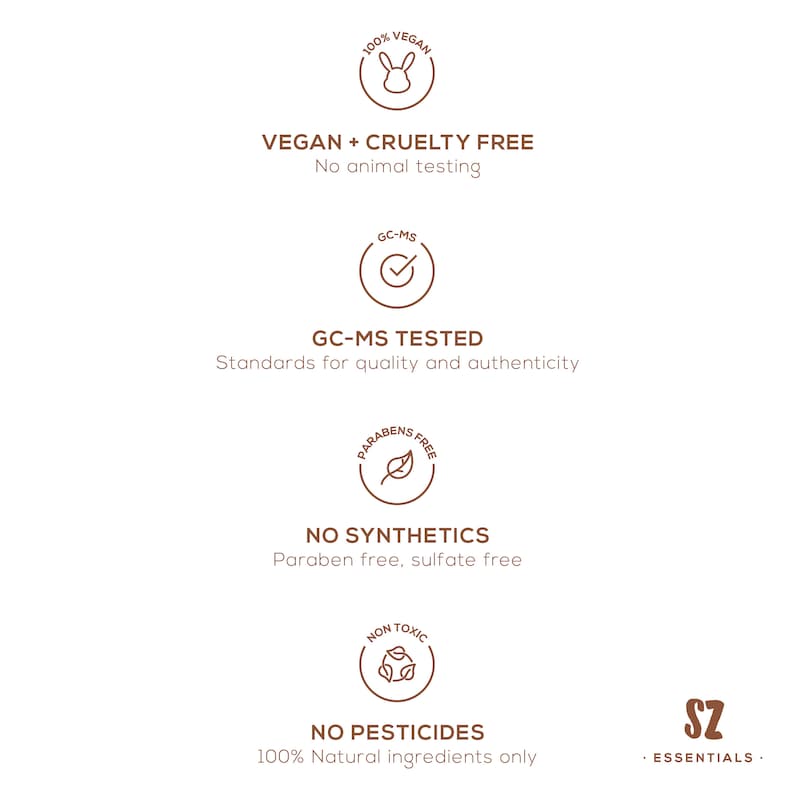 May include: A graphic with four icons representing the benefits of a product. The icons are: 100% Vegan, GC-MS Tested, No Synthetics, and No Pesticides. The text below the icons reads: "VEGAN + CRUELTY FREE No animal testing", "Standards for quality and authenticity", "Paraben free, sulfate free", and "100% Natural ingredients only". The text "SZ &bull; ESSENTIALS." is in the bottom right corner.