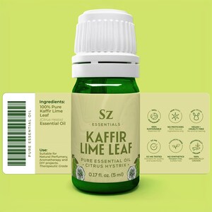 May include: A green glass bottle of Kaffir Lime Leaf essential oil, labeled with the brand name "Sz Essentials". The bottle is 0.17 fl. oz. (5 ml) and is 100% pure, organic, and sustainably sourced. The label also states that the oil is vegan, cruelty-free, and free of pesticides, synthetics, and parabens.