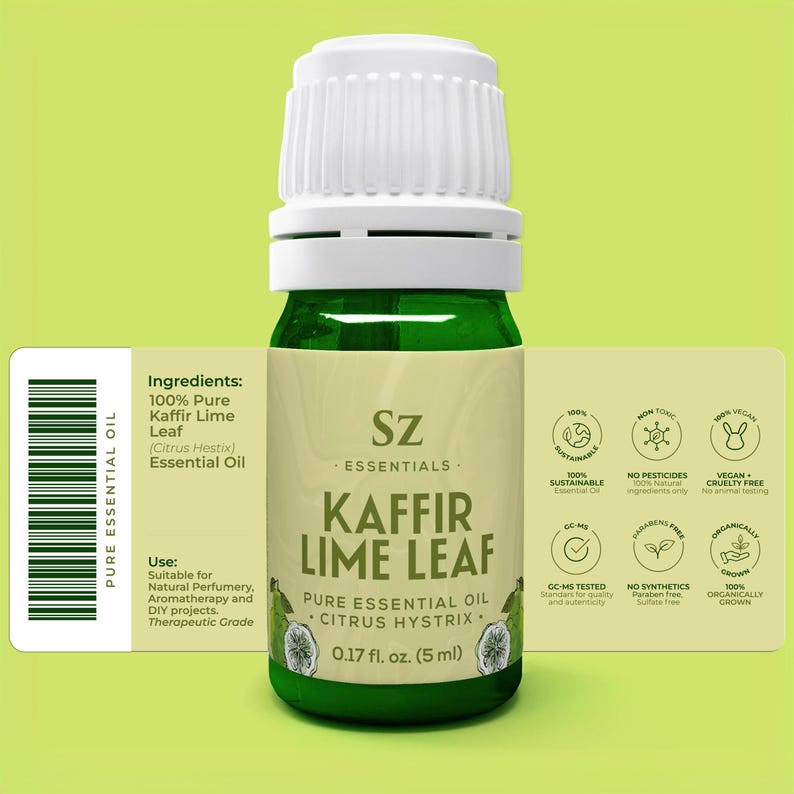 May include: A green glass bottle of Kaffir Lime Leaf essential oil, labeled with the brand name "Sz Essentials". The bottle is 0.17 fl. oz. (5 ml) and is 100% pure, organic, and sustainably sourced. The label also states that the oil is vegan, cruelty-free, and free of pesticides, synthetics, and parabens.
