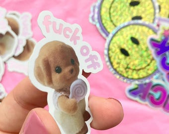 Funny Swear Sylvanian Families Inspired Critter Sticker | Y2K, Pink, Cute Sticker | Matte Holographic