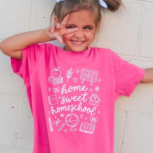 Comfort Colors® Home Sweet Homeschool Kids Tshirt, Coquette Bow Doodle Homeschool Girls Youth Shirt, Girly Homeschooling Co-Op Group Shirt