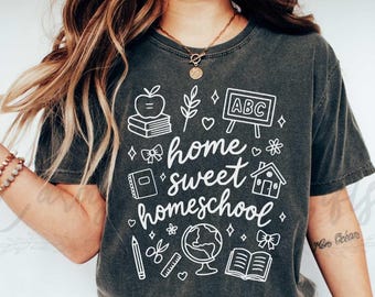 Comfort Colors® Home Sweet Homeschool Mom Tshirt, Coquette Bow Doodle Homeschool Mama Shirt, Cute Home Educator Homeschooling Co-Op Shirt