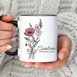 Personalized Birth Flower Gift for Her, Custom Name Birth Flower Birthday Mug, Coquette Bow Birth Month Line Art Mug for Bridesmaid, Friend