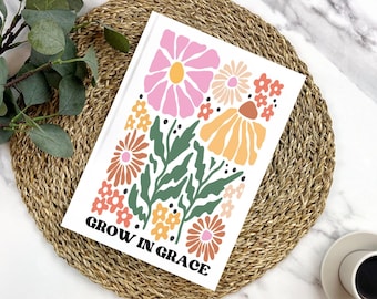 Christian Notebook Prayer Journal, Sermon Notebook Retro Boho Flowers Grow in Grace Hardcover Notebook Christian Gifts for her Faith gifts