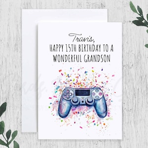 Personalized Gamer Birthday Card, Custom Name, Age, and Relation Bday Card for Video Gamer, Grandson Son Nephew, Video Game Controller Card