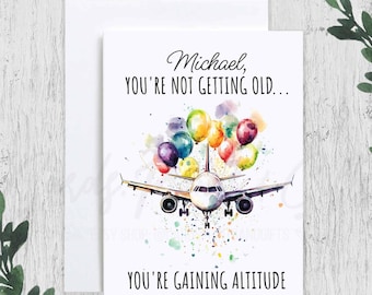 Personalized Airplane Birthday Card for Pilot, Custom Name and Age Birthday Card, Pilot Birthday Gift, Aeroplane Flying Jet Plane Lover Card