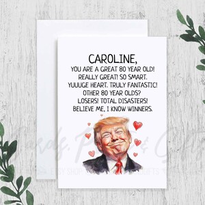 Personalized Trump 80th Birthday Card, Funny President Trump 80th Birthday Gag Gift, Custom Name Republican Eightieth 1945 Birthday Card