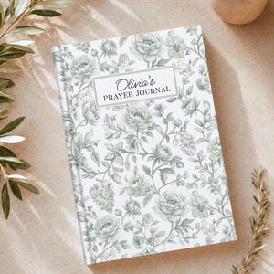 Custom Faith Journal, Personalized Christian Notebook Prayer Journal, Green Toile de Jouy Floral Personal Prayers Devotion, Sermon Notebook