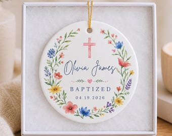 Personalized Baptism Ornament, Custom Pink Floral Baptism Gift for Godchild, Christian Baptism Keepsake, Faith-Based Baby Dedication Gift