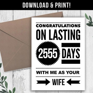 DESCARGA DIGITAL Tarjeta divertida del 7º aniversario para el marido, regalo de 7º aniversario para él, siete años juntos, 2555 días casados imprimibles