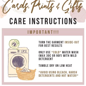 May include: Care instructions for a garment. The instructions include washing the garment inside out in cold water (max 30&deg;C or 90&deg;F) with mild detergent, tumble drying on low heat, and avoiding bleach, harsh detergents, and hot water. The image also includes a cartoon illustration of a washing machine and a basket of laundry.