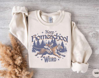 Keep Homeschool Weird Sweatshirt, Retro Tiger Homeschool Crewneck Sweatshirt, Funny Home Education Cute Homeschooler Co-Op Group Sweatshirt