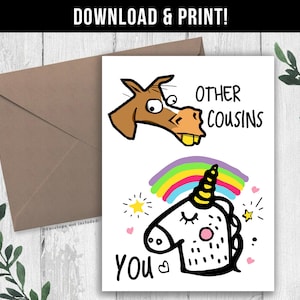 DOWNLOAD DIGITAL Cartão de aniversário engraçado para primo. Presente de aniversário de cavalo e unicórnio para o primo. Outros primos, seu cartão de aniversário para impressão.
