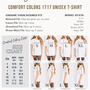 Pu&ograve; includere: Tabella delle taglie per una t-shirt unisex di Comfort Colors. La tabella mostra la larghezza e la lunghezza della t-shirt in pollici per le taglie dalla S alla 4XL. La tabella mostra anche la vestibilit&agrave; della t-shirt per ogni taglia: Relax, Comoda, Oversize e Camicia.