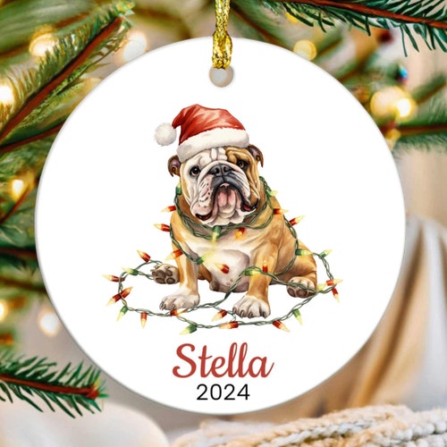 Adorno de bulldog personalizado 2024, adorno de perro personalizado, regalo para amantes de los perros bulldog, adorno navideño de bulldog con luces navideñas