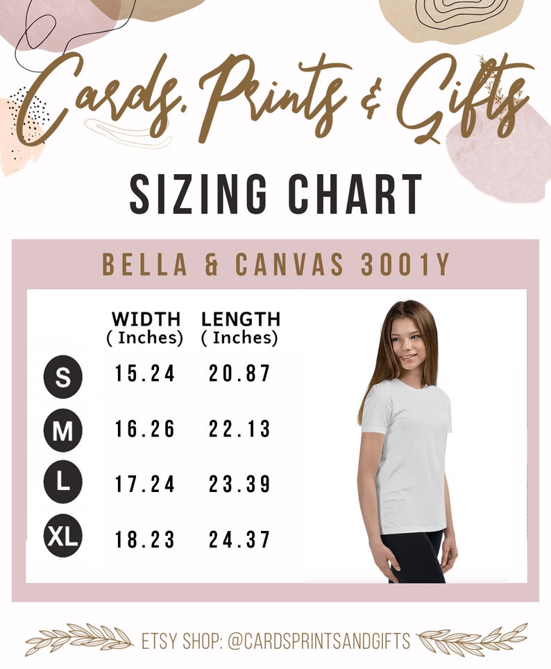 May include: Sizing chart for Bella + Canvas 3001Y youth t-shirts. The chart shows width and length measurements in inches for sizes S, M, L, and XL.