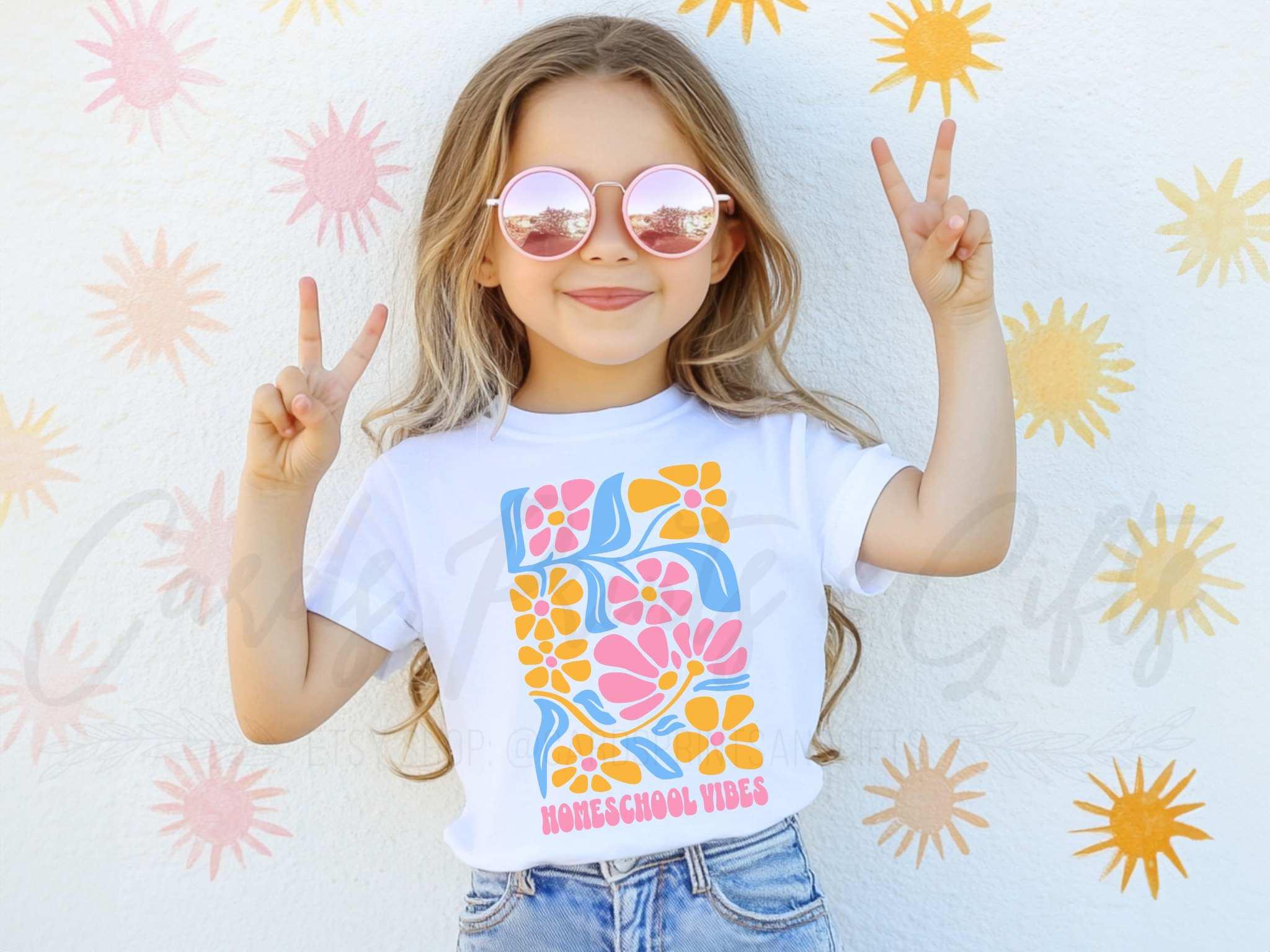Comfort Colors® Homeschool Vibes Kids Tshirt, Retro Groovy Homeschool Youth Shirt, Trendy Boho Floral Girly Homeschooling Co-Op Group Tee