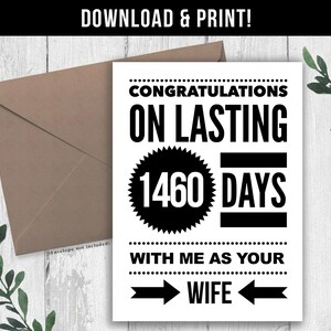 DESCARGA DIGITAL Tarjeta divertida del 4º aniversario para el marido, regalo de 4º aniversario para él, cuatro años juntos, 1460 días casados imprimibles