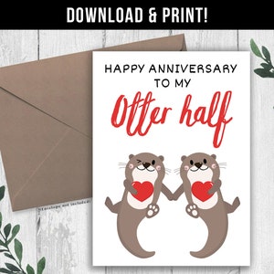 DESCARGA DIGITAL Tarjeta de aniversario divertida para él, ella, esposa, marido, novia novio Feliz aniversario a mi mitad nutria, lindo juego de palabras de nutria