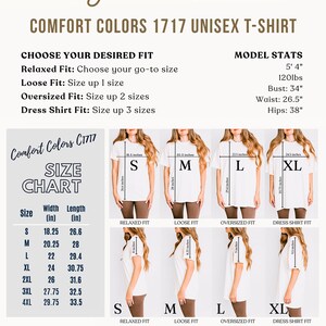 K&ouml;nnte beinhalten: Gr&ouml;&szlig;entabelle f&uuml;r ein Unisex-T-Shirt in Comfort Colors C1717. Die Tabelle zeigt die Breite und L&auml;nge des Shirts in Zoll f&uuml;r die Gr&ouml;&szlig;en S, M, L, XL, 2XL, 3XL und 4XL. Die Tabelle zeigt auch die Passform des Shirts f&uuml;r jede Gr&ouml;&szlig;e: Relaxed Fit, Loose Fit, Oversized Fit und Dress Shirt Fit.