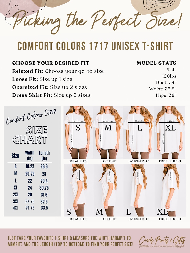 K&ouml;nnte beinhalten: Gr&ouml;&szlig;entabelle f&uuml;r ein Unisex-T-Shirt in Comfort Colors C1717. Die Tabelle zeigt die Breite und L&auml;nge des Shirts in Zoll f&uuml;r die Gr&ouml;&szlig;en S, M, L, XL, 2XL, 3XL und 4XL. Die Tabelle zeigt auch die Passform des Shirts f&uuml;r jede Gr&ouml;&szlig;e: Relaxed Fit, Loose Fit, Oversized Fit und Dress Shirt Fit.
