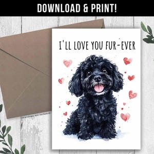 May include: A greeting card with a watercolor illustration of a black dog with the text "I'll love you fur-ever." The card features red watercolor hearts and is accompanied by a brown envelope.