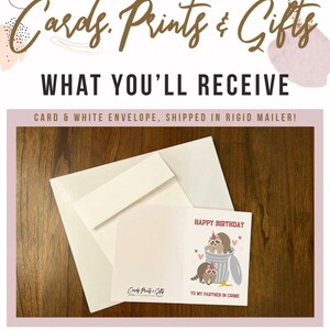 May include: A birthday card featuring a cartoon illustration of two raccoons wearing party hats and sitting in a bin. The card reads "Happy Birthday to my partner in crime".
