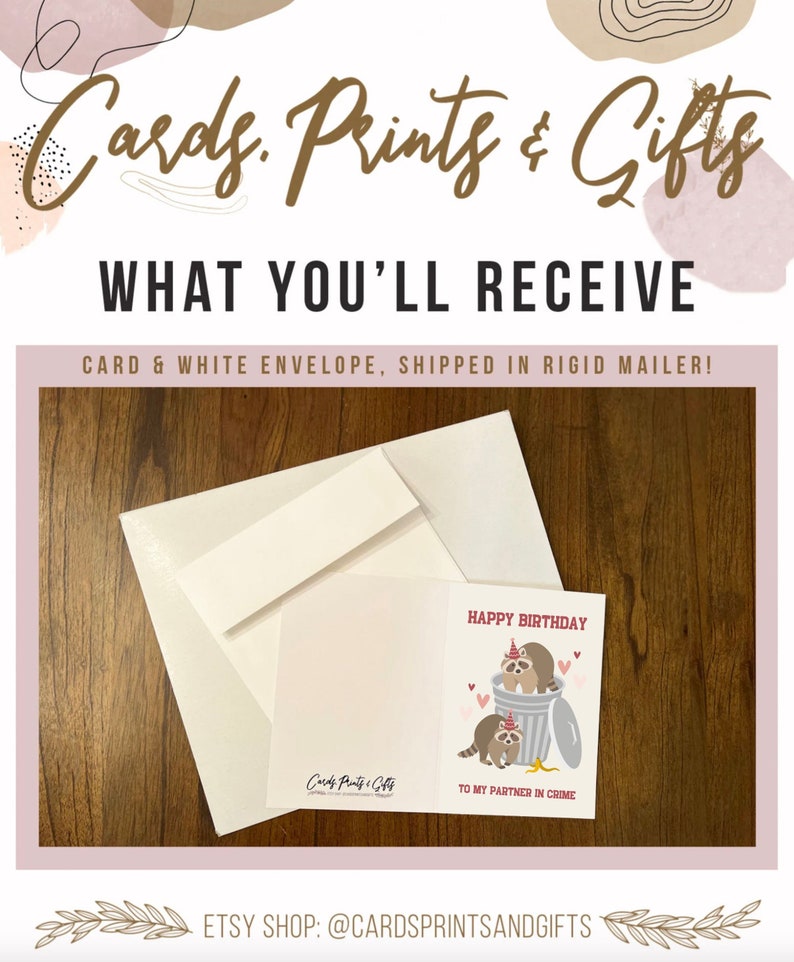 May include: A birthday card featuring a cartoon illustration of two raccoons wearing party hats and sitting in a bin. The card reads "Happy Birthday to my partner in crime".